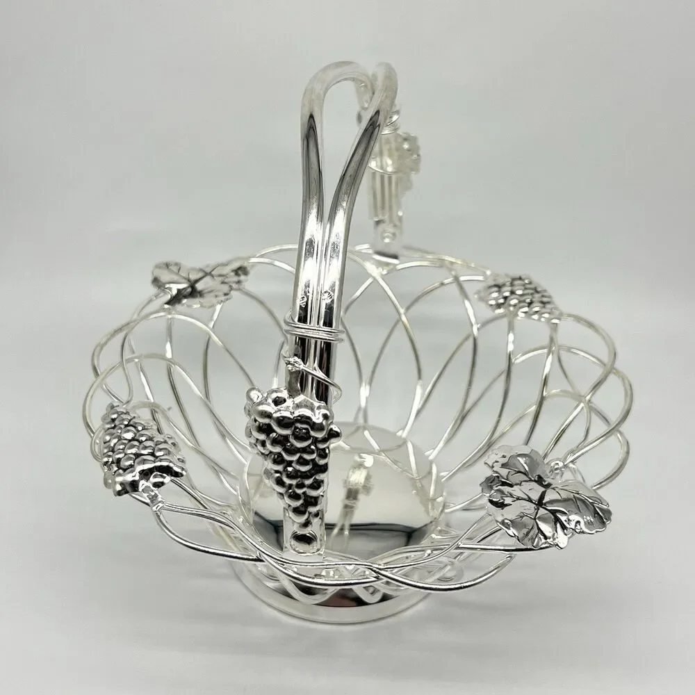 VTG Studio Silversmiths Silverplated Wire Round Basket Grape Clusters & Leaves